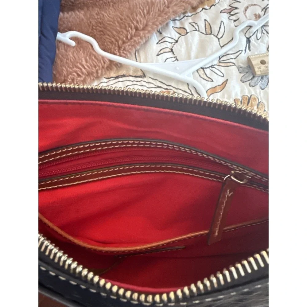 Dooney & Bourke Black Ostrich Embossed Leather Hobo Shoulder Bag Red Lining